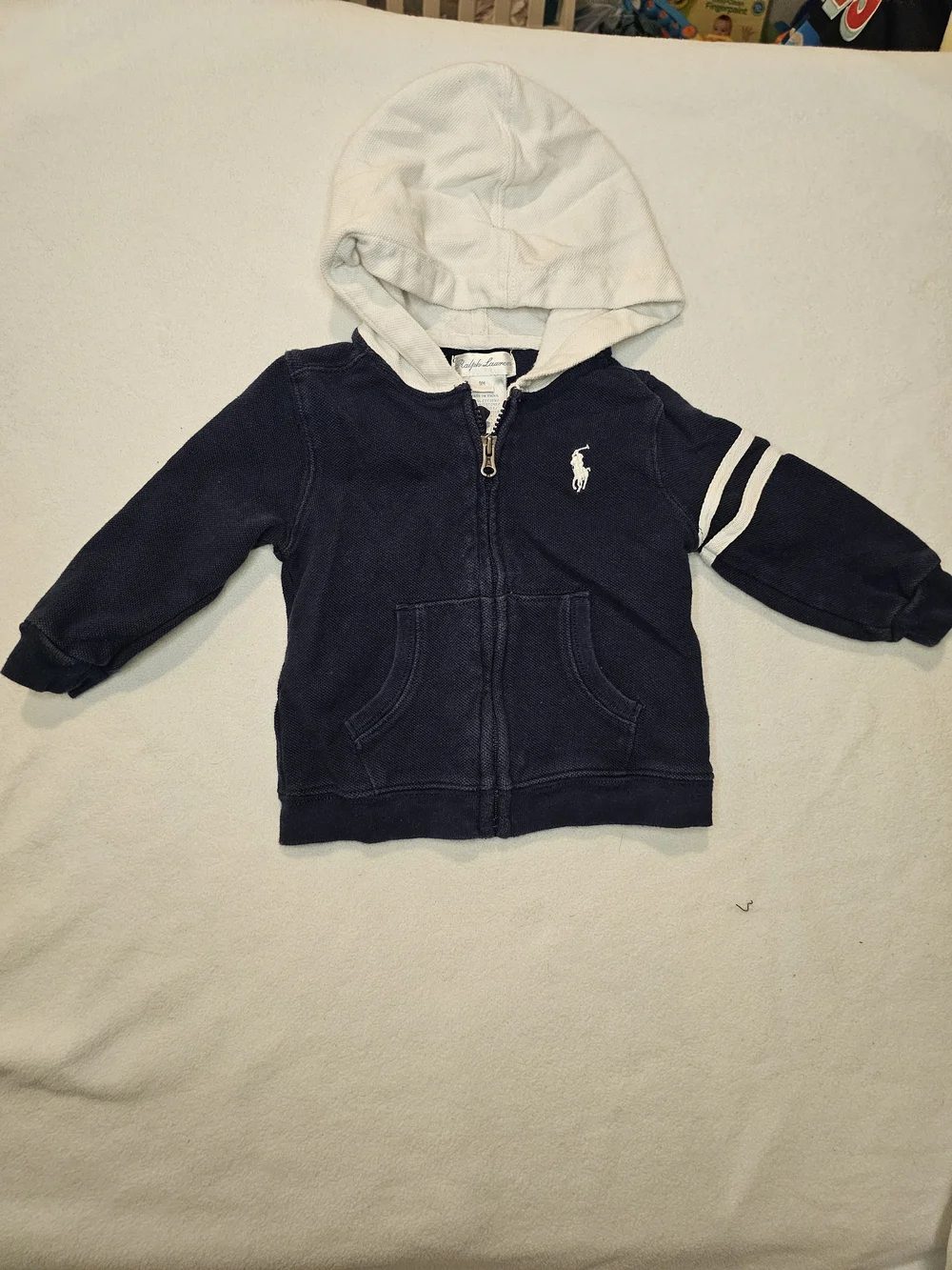 Ralph Lauren Navy Hoodie with Cream Hood & Stripe Detail